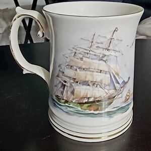 Crown White and Gold Porcelain Mug with Sailing Ship Illustration